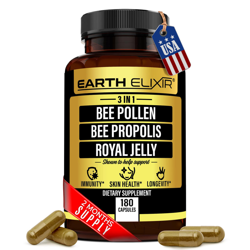 [Australia] - 3-in-1 Bee Pollen Organic 840mg (180 Caps) W/ 840mg Bee Propolis Capsule & 840mg Royal Jelly Capsule - 3rd Party Tested - Bee Pollen Supplement - Organic Bee Pollen Capsule -No Fillers 