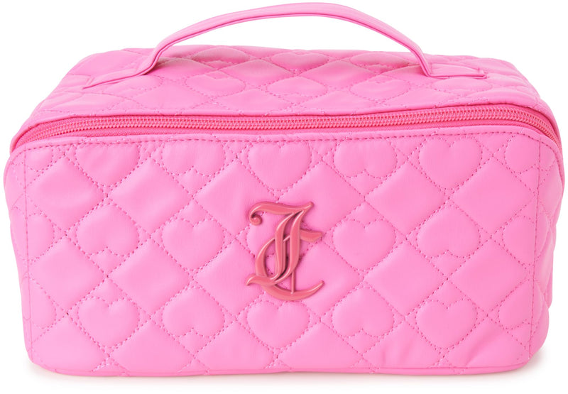 Juicy Couture Pink Makeup Bag Cosmetics Organizer Travel Essentials Cross Zip Faux Leather Quilted Heart