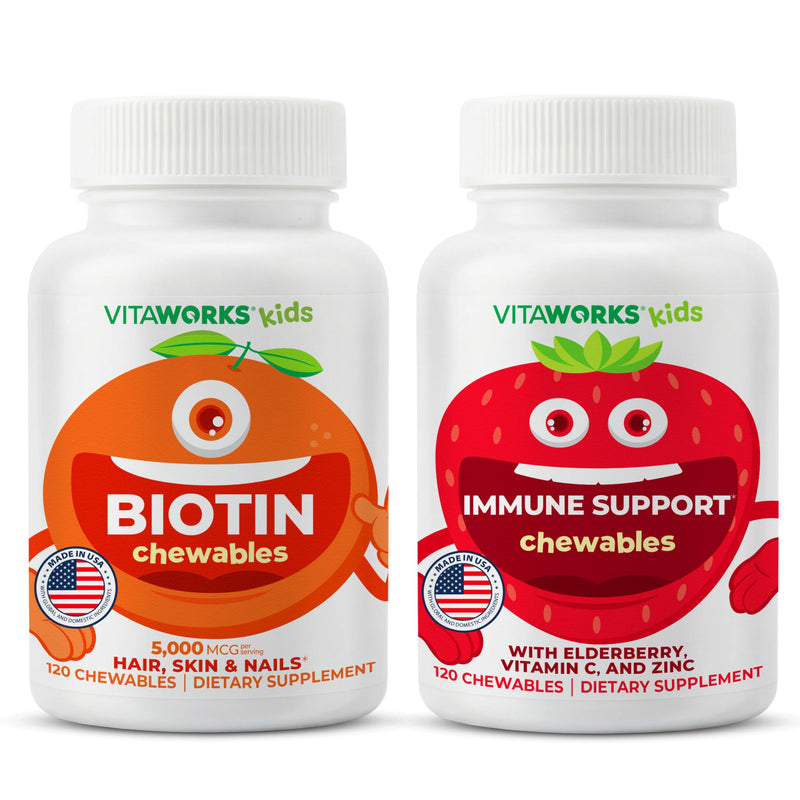 VitaWorks Kids Biotin 5000mcg Chewables + Elderberry + Zinc + C Chewables Bundle
