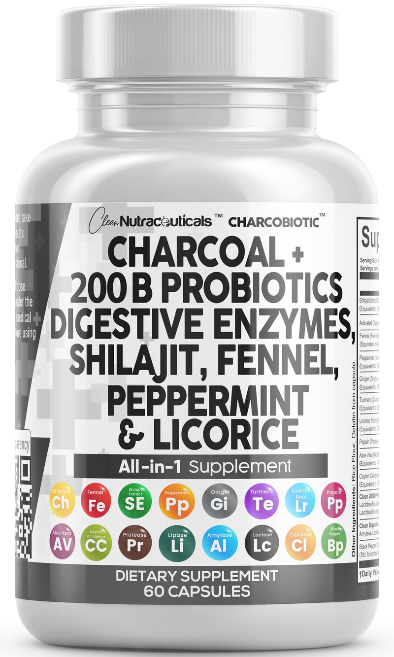 [Australia] - Clean Nutra Activated Charcoal Capsules Shilajit 5000mg Pills Probiotic 200 Billion + Digestive Enzymes for Digestive Health with Peppermint Fennel Licorice Papain Ginger Turmeric | Gut Health 