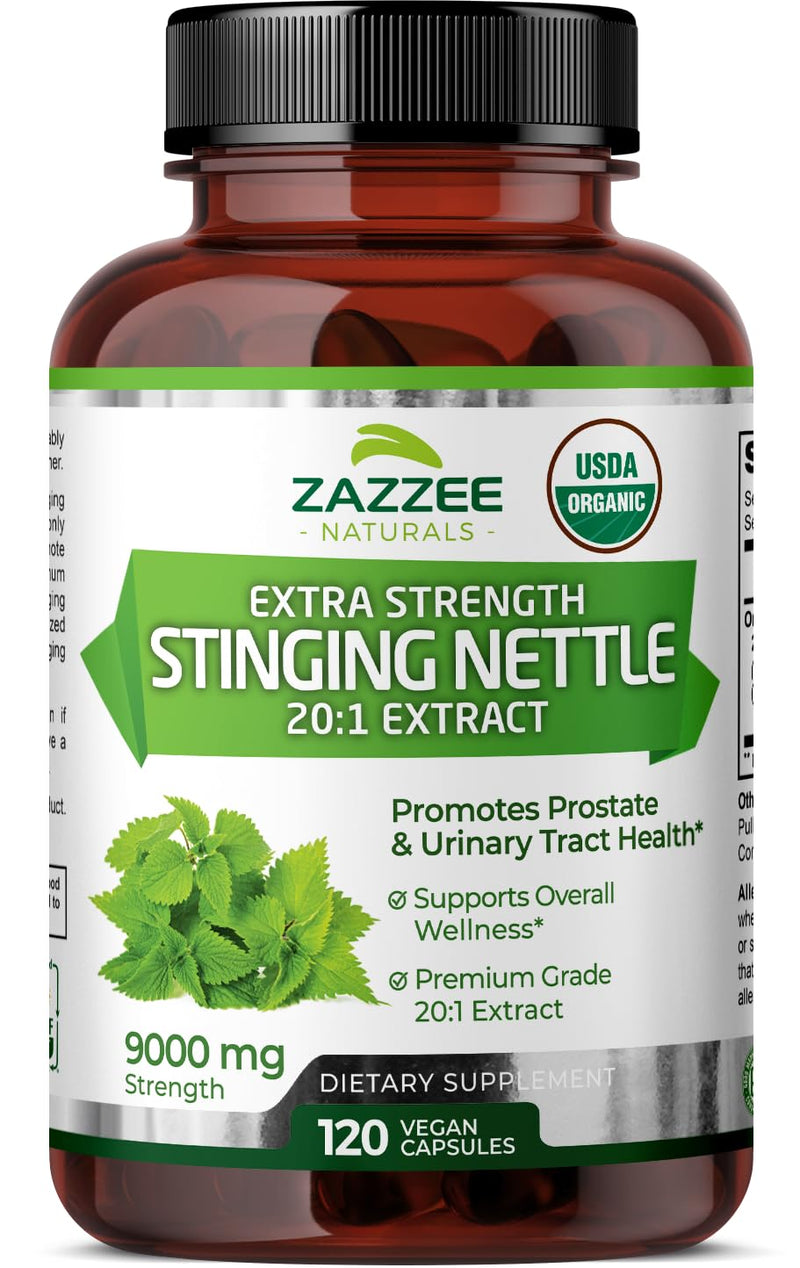 [Australia] - Zazzee USDA Organic Stinging Nettle 20:1 Extract, 9000 mg Strength, 120 Vegan Capsules, 4 Month Supply, Concentrated, Standardized 20X Extract, Certified Organic, 100% Vegetarian, All-Natural, Non-GMO 