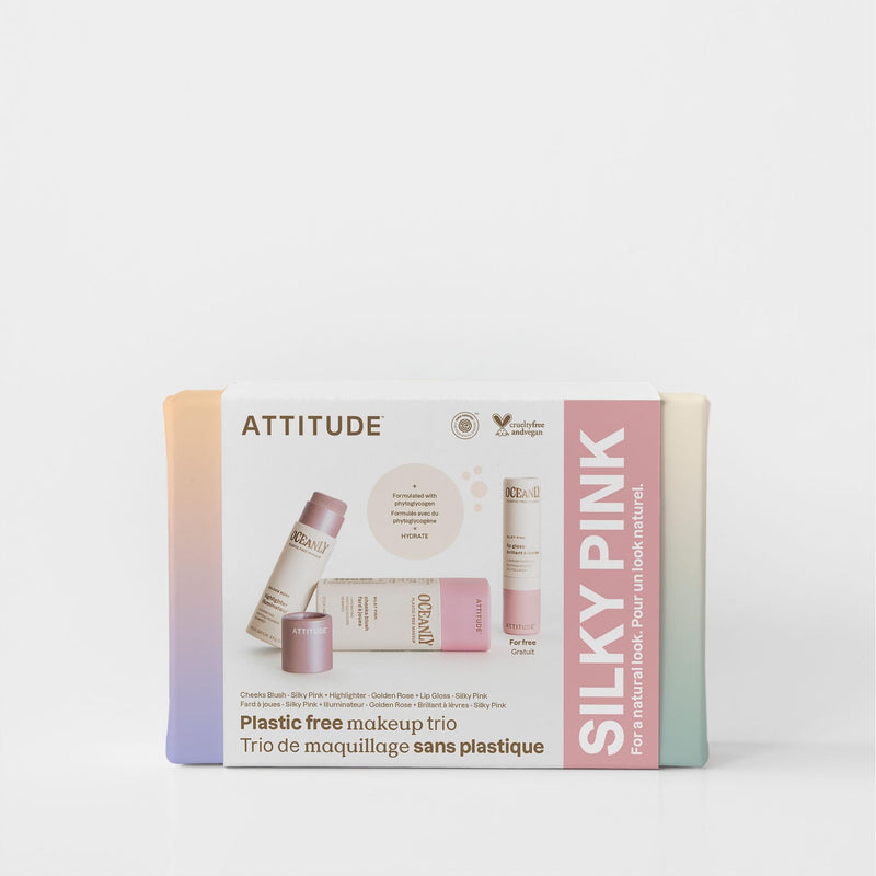 [Australia] - ATTITUDE Silky Pink Makeup Box Set, EWG Verified, Titanium Dioxide-Free, Plastic-free, Plant and Mineral-Based Ingredients, Vegan and Cruelty-free Beauty Products, Set of 3 Makeup Sticks Trio Set 