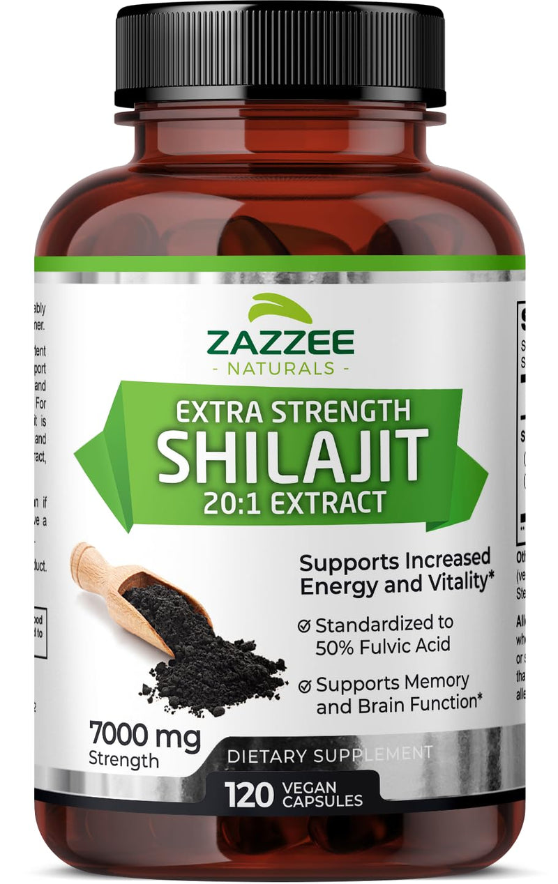 [Australia] - Zazzee 100% Pure Organic Himalayan Shilajit 20:1 Extract, 7000 mg Strength per Capsule, 50% Fulvic Acid, 120 Servings per Bottle, 20X Potency, Rich in Trace Minerals, Non-GMO, Vegan, Made in The USA 