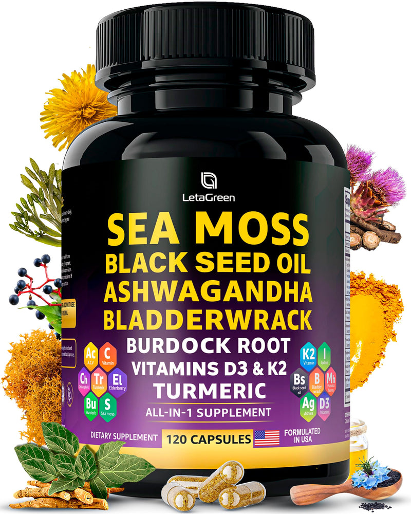 Sea Moss Capsules – 17-in-1 Blend with Black Seed Oil Ashwagandha Bladderwrack Burdock Root Turmeric Vitamin D3 K2 C for Daily Wellness – Multimineral Supplement for Men & Women – 120 Count Sea moss 120 Count (Pack of 1)