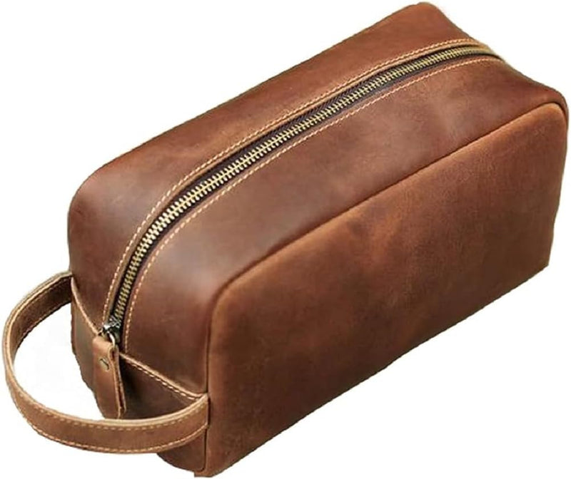 Toiletry Bag for Men or Women, Full Grain Leather Handcrafted Dopp Kit, Vintage Travel Leather Toiletry Travel Pouch, Large Cosmetic Bathroom Travel Shaving Bag, Fully Lined with Cotton Fabric Medium Brown