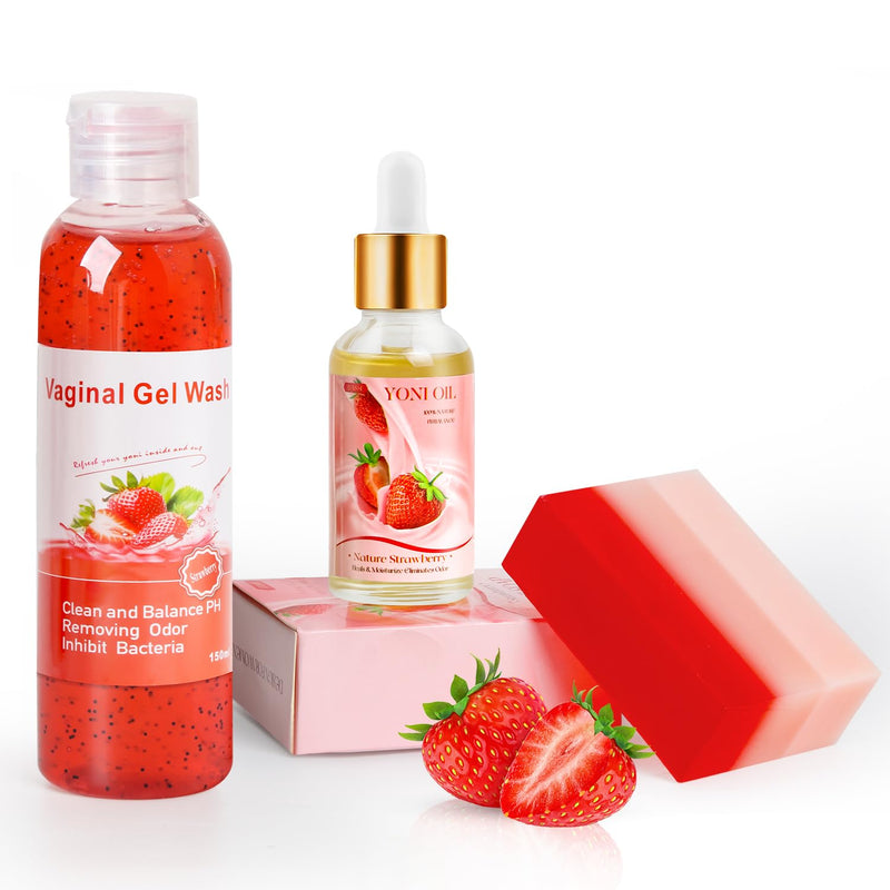 [Australia] - Feminine Wash & Yoni Oil & Yoni Soap Set for Women, Yoni Wash for Vaginal Ph Balance Remove Odor Moisturizing, 1 Fl.Oz Feminine Oil & 5.07 Fl.Oz Vaginal Wash 5.29OZ Yoni Soap Bar, Strawberry Scent 