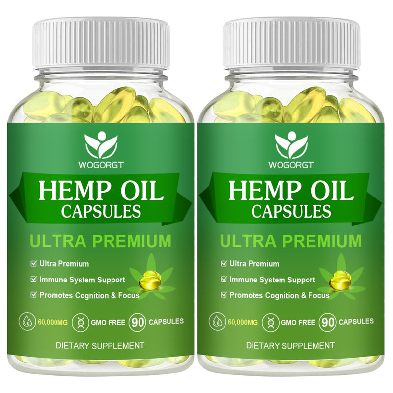 Hemp Oil Capsules, 60,000 Maximum Strength, Immune Support, 90Ct (2Pack) | WOGORGT - Pure Hemp Oil Capsules, Focus Calm, Relaxation, Mood, Rich in Omega 3, 6, 9 Fatty Acids
