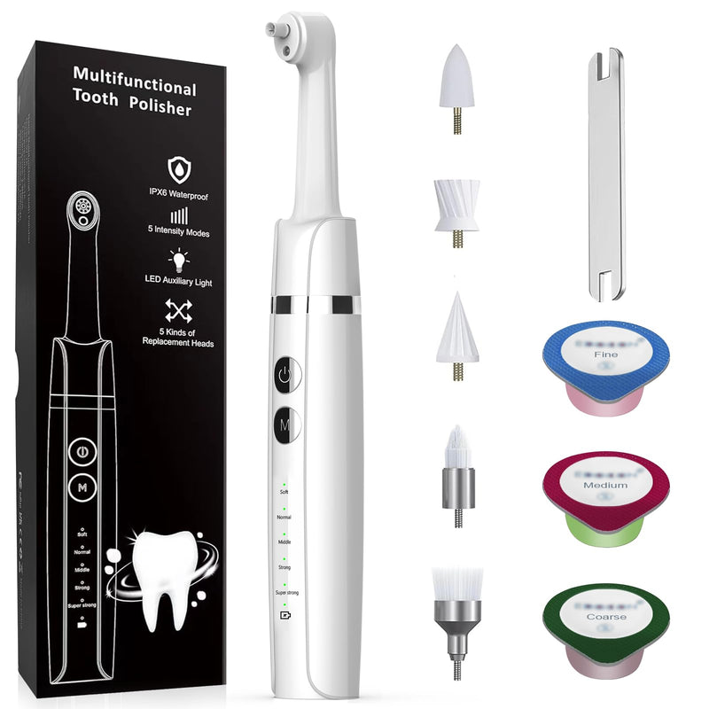 Tooth Polisher,Teeth Polishing Kit for Daily Cleaning,Polishing Then Whitening of Tooth (Professional Toothpaste Include),USB Rechargeable Dental Polisher with LED Light,6 Heads,5 Speed Modes White