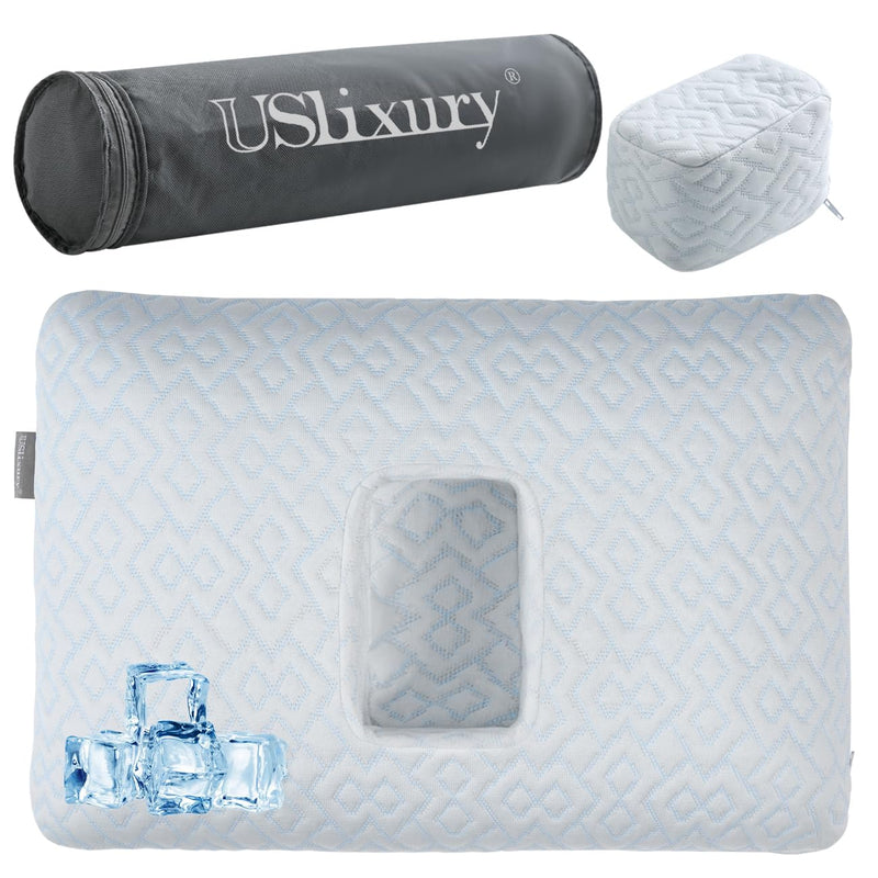 [Australia] - USlixury Ear Piercing Pillow with Foam Plug - Ear Pillow with Off Center and 4.7"X3.2" Hole, Soft CertiPUR-US Memory Foam, Cooling Piercing Pilow for Side Sleepers, Traveling, 16"X11"X4'' 16"*11"*4'' 