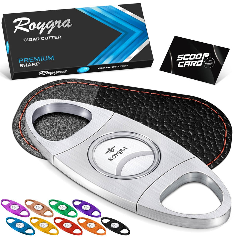 [Australia] - roygra Cigar Cutter with Leather Protector, Stainless Steel Double Blade Guillotine (Silver) Silver 