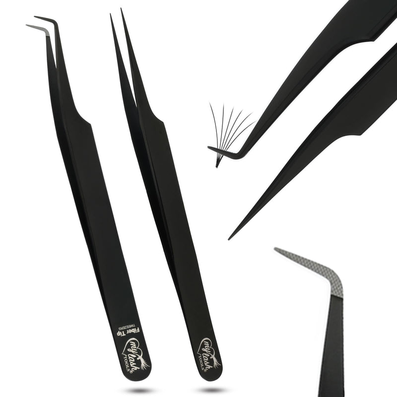 2Pcs Fiber Tip Lash Tweezers for Eyelash Extensions and Straight Isolation Tweezer Set – Professional Precision Fan Making, Mega Volume Boot Lashing, Classic & Mink Eyelashes, Black 2PCS SET Black Tweezers Set/Mlt07-3)