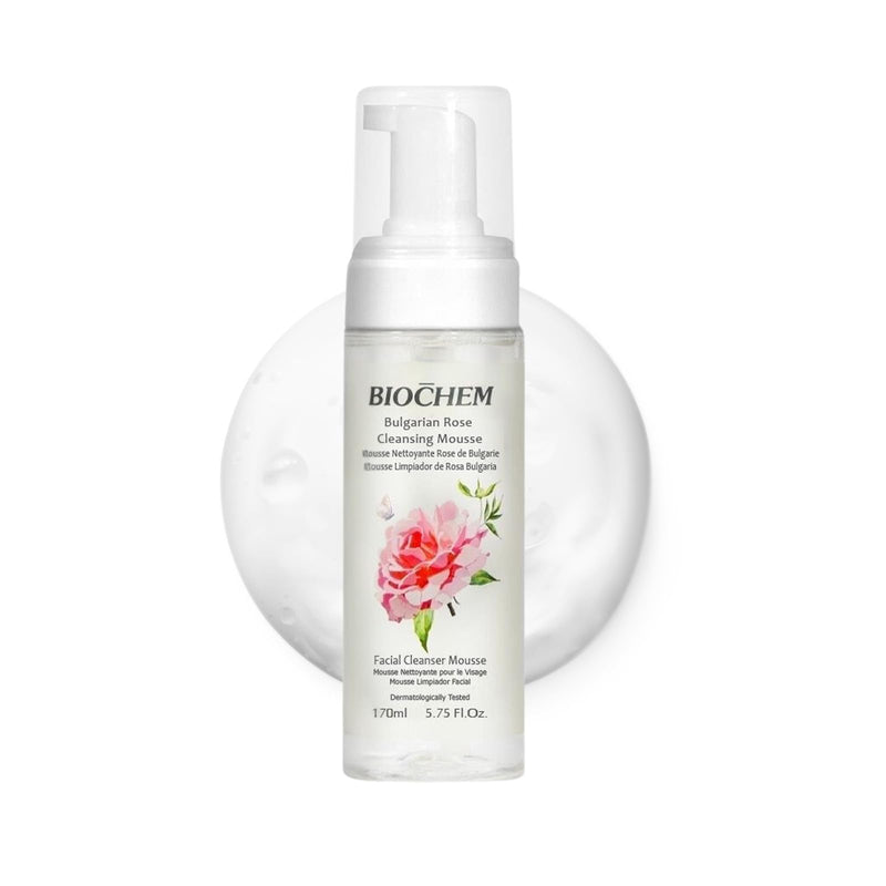 BIOCHEM Bulgarian Rose Foaming Face Wash, Vitamin C (5.75 fl oz / 170 mL) | 3-in-1 Cleanser Mousse with Rose Oil & Hyaluronic Acid, Hydrating Gentle Daily Cleanser, Cruelty-Free for All Skin Types