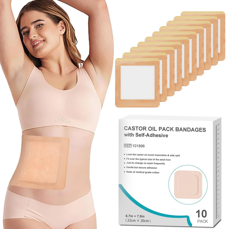 [Australia] - 10Pcs Castor Oil Pack Wrap, Castor Oil Packs for Liver, Highly Absorbent 8.7"*7.9" Self-Adhesive Castor Oil Wrap Organic Cotton, No Wash, Easy to Use, Anti-Seepage(Oil Not Included) 10 Count (Pack of 1) 