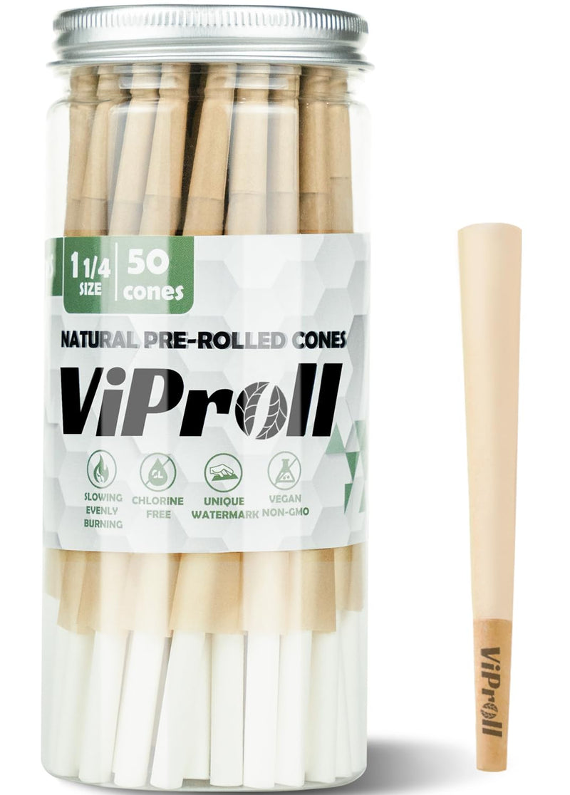 [Australia] - Pre Rolled Cones 1 1/4 Size 50 Pack, Natural Unbleached Cones Rolling Papers with W-shaped Tips, Slow & Even Burning Preroll Cones Packing Tubes Included for Party Gift (84mm) 50 Count 