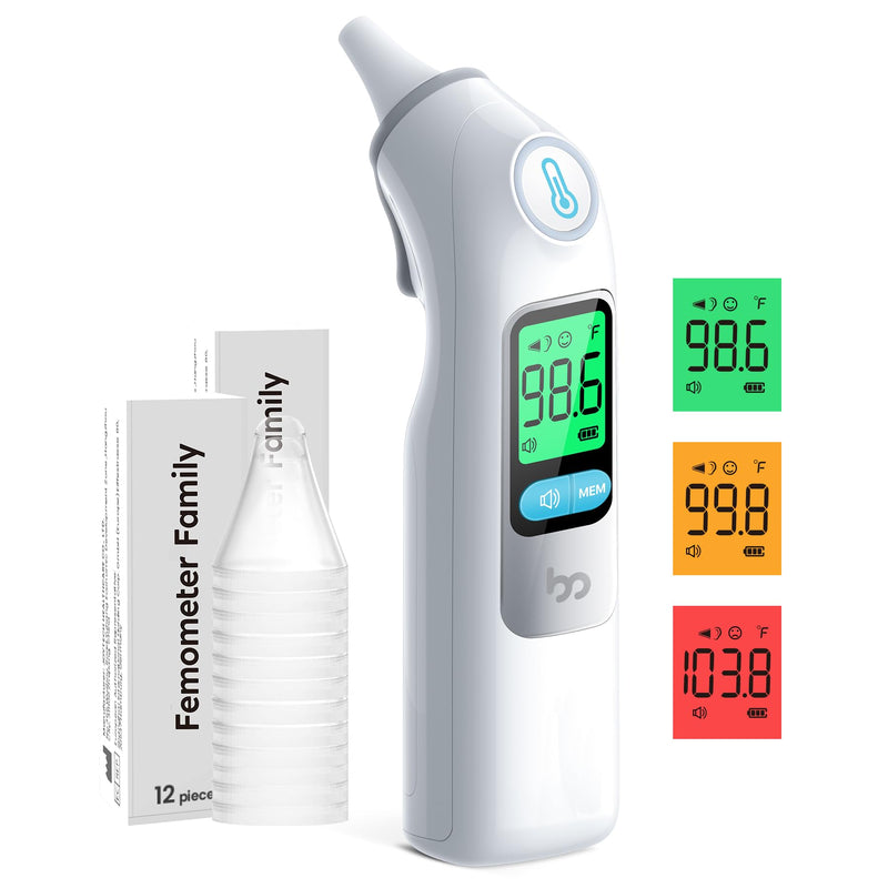 [Australia] - Ear Thermometer, Highly Accurate Ear Thermometer for Kids, Adults and Babies, 30 Memory Recall, 1s Result and 3-Color Fever Alert, with 24 Disposable Probe Covers, White LCD-White 