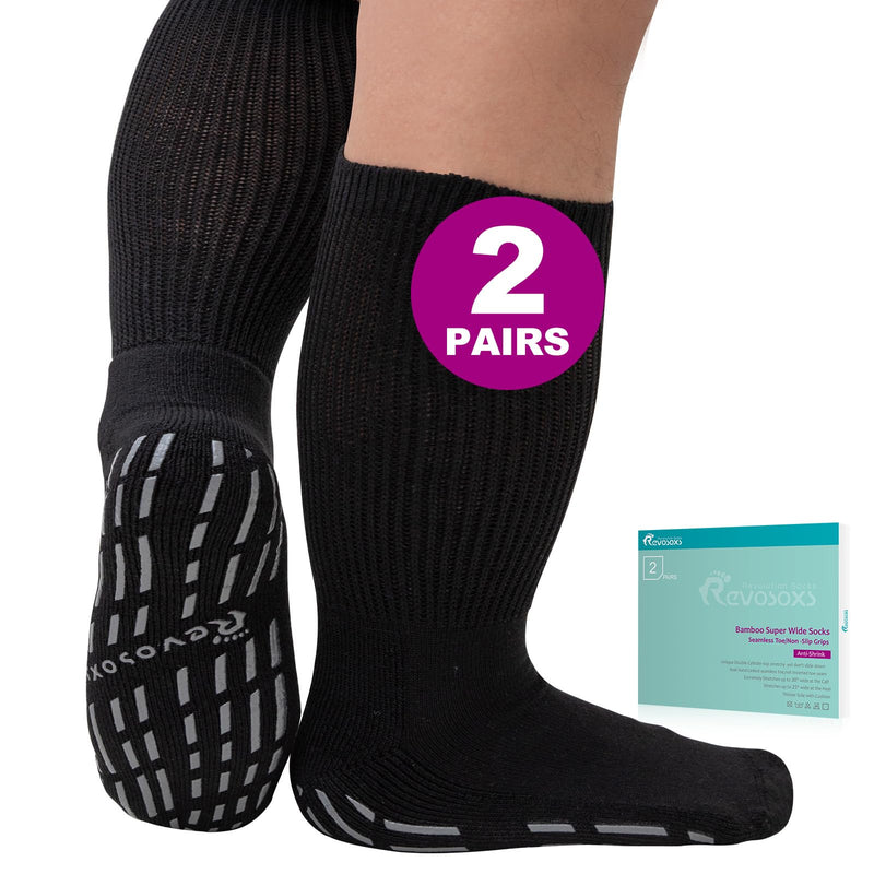 [Australia] - Extra Width Socks for Swollen Feet-2 Pairs Super Wide Diabetic Socks for Women Men,Diabetic Non Slip Hospital Socks Black 