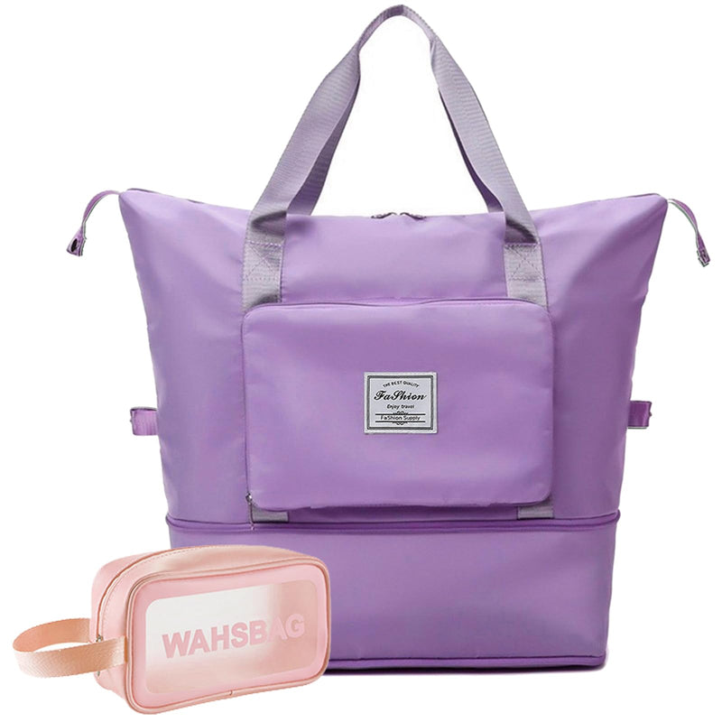 Large Capacity Travel Bag, Foldable Travel Bag, Expandable Duffel Bag, Collapsible Waterproof Large Capacity Handbag, Overnight Bags for Women and Man(Light Purple+Toiletry Bag) Light Purple+Toiletry Bag