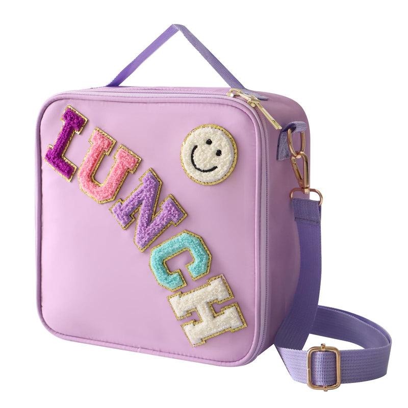 [Australia] - Insulated Lunch Bag With Adjustable Shoulder Strap, Nylon Preppy Lunch Box Large Insulated Lunch Bag Reusable Lunch Tote Bag with Smiley Preppy LunchBag for Girls School Travel Picnic (Purple) Purple 