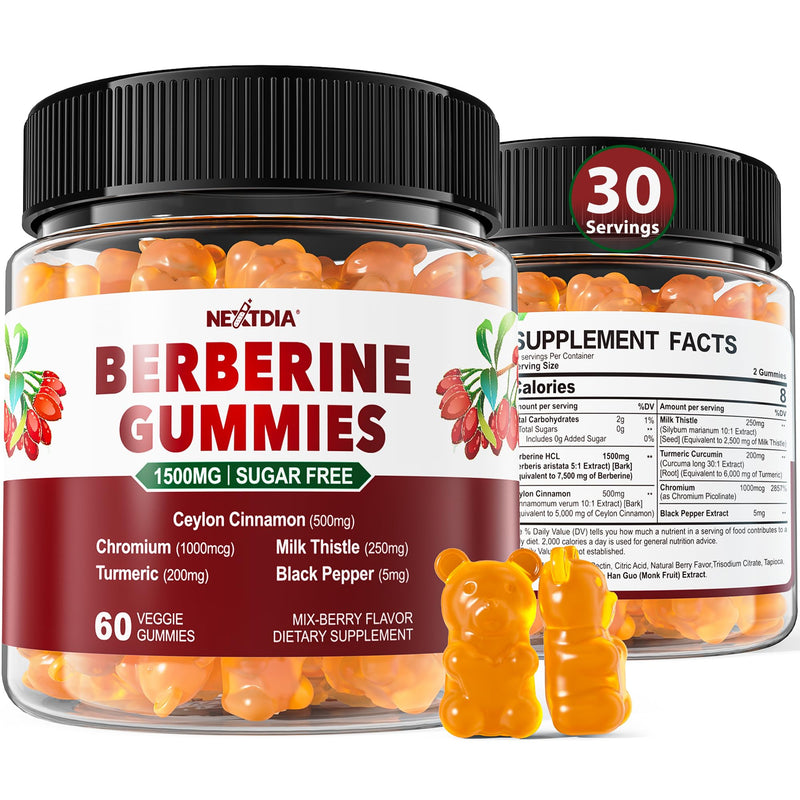 [Australia] - Berberine Supplement 1500mg, Sugar Free Berberine with Ceylon Cinnamon Gummies w/Chromium, Turmeric, Milk Thistle for Naturally Metabolism Balanced, Berberine HCl from Indian Barberry Extract, 60 Cts 60 Count (Pack of 1) 