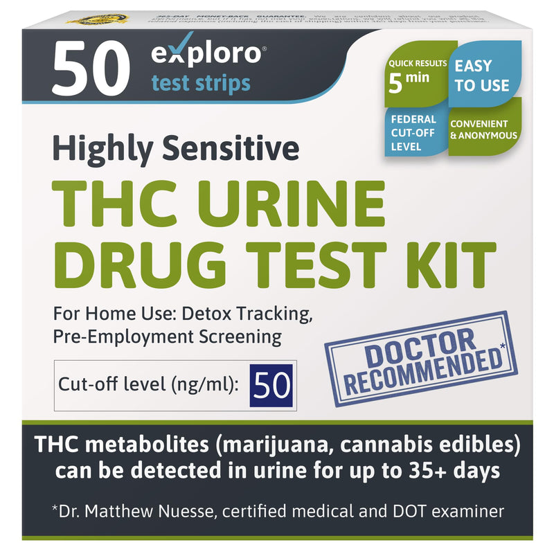 [Australia] - Exploro Highly Sensitive Marijuana Drug Test Kit, THC Drug Test Urine for Marijuana/Weed, Easy Home Drug Test Marijuana, THC Tests for Home for 50 ng/ml, THC Test Strips (Pack of 50) 50 Count (Pack of 1) 