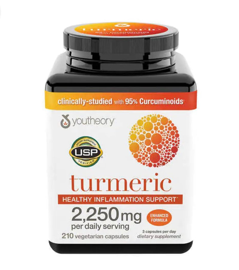 [Australia] - Youtheory Turmeric Curcumin Supplement with Black Pepper BioPerine, Powerful Antioxidant Properties for Joint & Healthy Inflammation Support 2250 MG 210 Capsules 