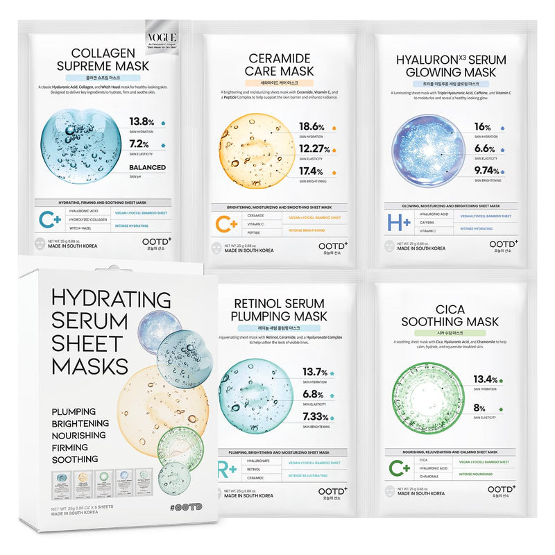 #OOTD Sheet Mask Kit with Collagen,Cica,Ceramide,Vitamin C,Retinol(5-Pack) | Korean Vegan sheet mask gift set with Cica & Retinol; Collagen, Ceramide & Hyaluron hydrate, soothe & firm skin [5 Count] Collagen+Cica+Ceramide+Hyaluron+Reinol