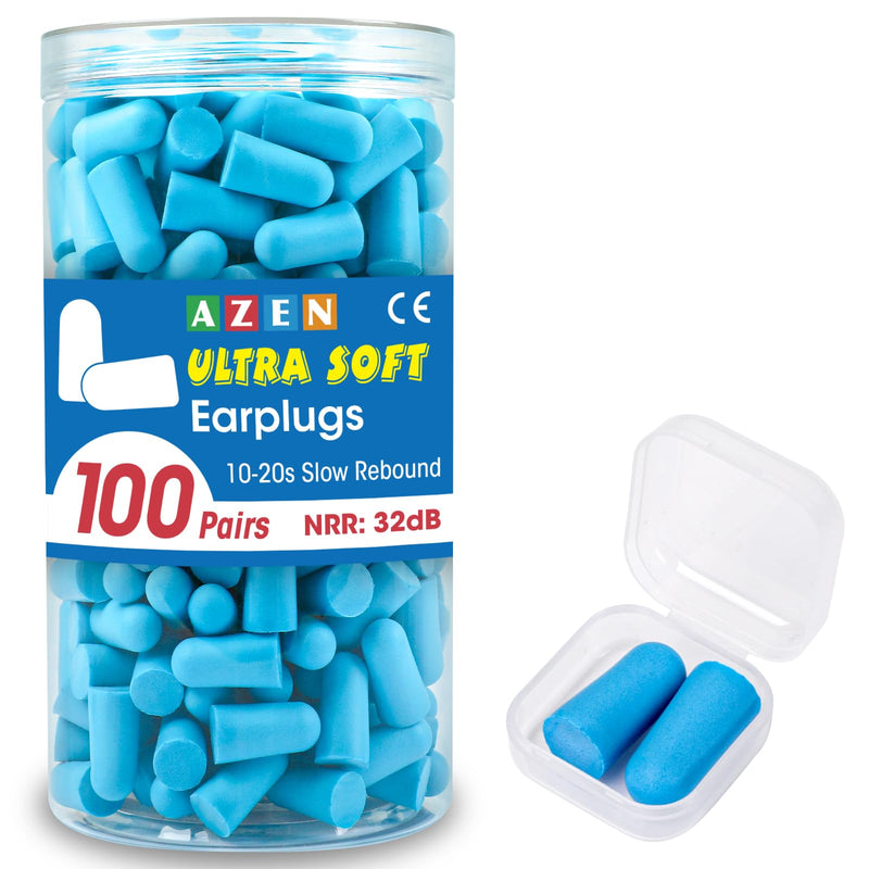 [Australia] - AZEN 100 Pairs Ear Plugs Bulk, NRR 32dB Soft Foam Ear Plugs for Sleeping Noise Cancelling, Earplugs for Concerts Shooting Swimming Noise Reduction (Lake Blue) B-100p 