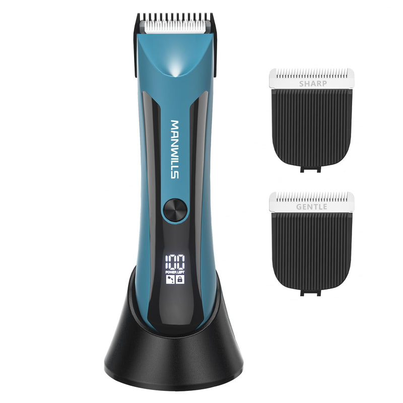 Body Hair Trimmer Men - Body Groomer, Groin Hair Trimmer for Men Waterproof Wet/Dry Use, Electric Ball Trimmer/Shaver with Charging Dock, Male Hygiene Razor, Mens Grooming Kit Blue