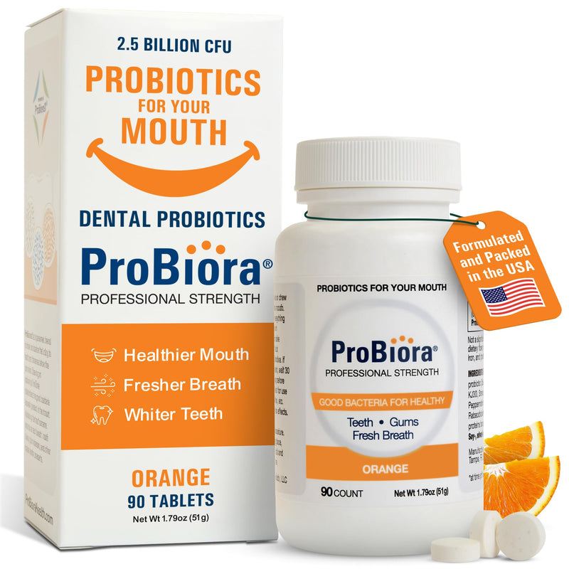 [Australia] - ProBiora Professional Strength Oral Probiotics for Teeth and Gums | Dental Probiotic for Oral Health | Bad Breath Treatment for Adults | Tooth Whitening | ProBiora3 Probiotic Blend | 90 Orange Tablets 