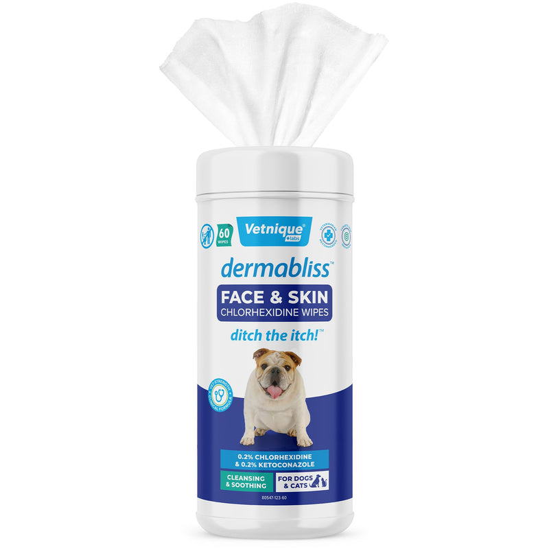 Vetnique Dermabliss Dog Face Wipes - Medicated Chlorhexidine Wipes for Dogs with Wrinkles, French Bulldog, English Bulldog Dog Grooming Wipes Cleaning & Deodorizing Dog Wipes 60ct - PawsPlanet Australia