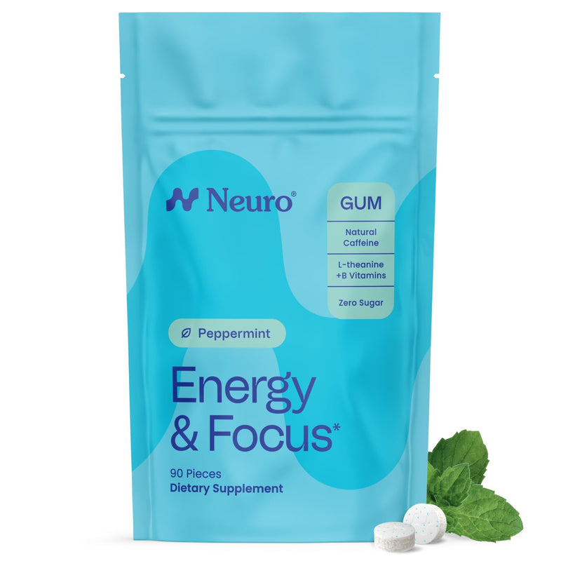 Neuro Energy & Focus Gum, Peppermint, 90 Count | 40mg Natural Caffeine Gum, 60mg L-Theanine, Vitamin B6 + B12, Sugar Free, Vegan, Clean Nootropic Energy & Focus Supplement