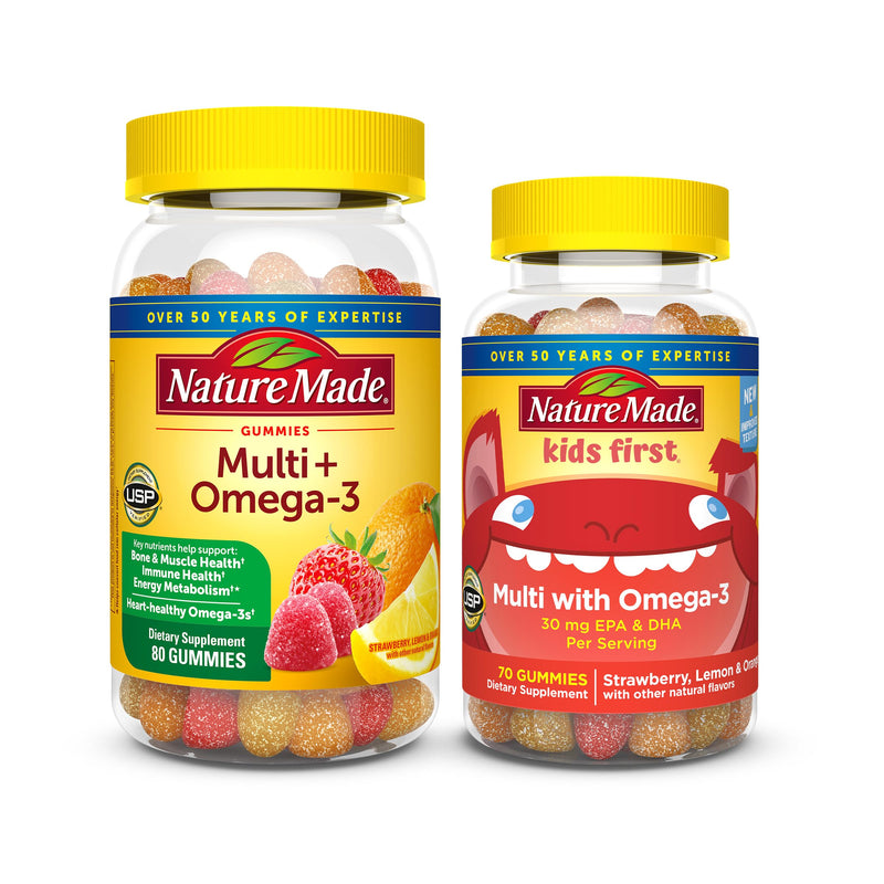 Nature Made Adult & Kids Multivitamin Gummies Combo Pack, Multis with Vitamin C, Vitamin D3, B Vitamins, Zinc, Omega 3 Fish Oil & More, Two Multivitamin Bottles for Whole Family