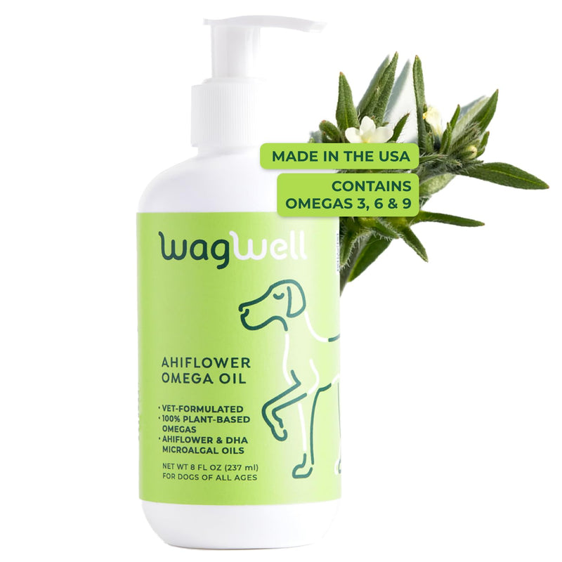 WagWell Ahiflower Omega Oil - Vet-Formulated Skin, Coat, Hip and Joint Supplement for Dogs - Plant-Based Omega 3, 6 and 9 Supplement - Natural Non-GMO Dog Omega Oil, 8 fl.oz. Pump Bottle - PawsPlanet Australia