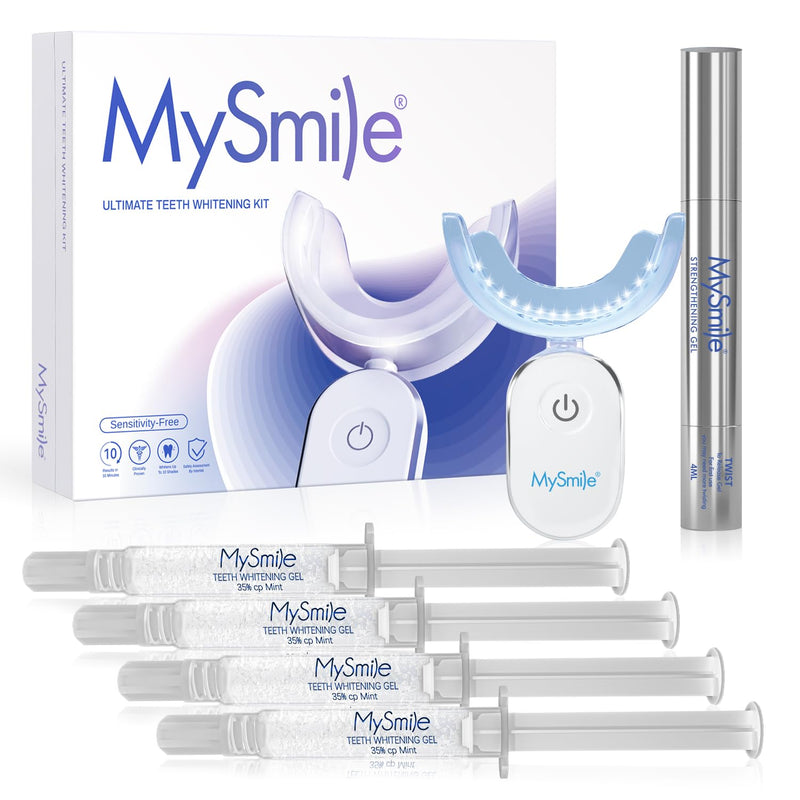 MySmile Teeth Whitening Kit for Sensitive Teeth, 30+ Treatments Whitener | 4*3ml 35% Carbamide Peroxide Whitening Gel+4ml Remineralization Pen & 28LED Whitening Tray Light, Remove Years of Stains 16 Fl Oz (Pack of 1)