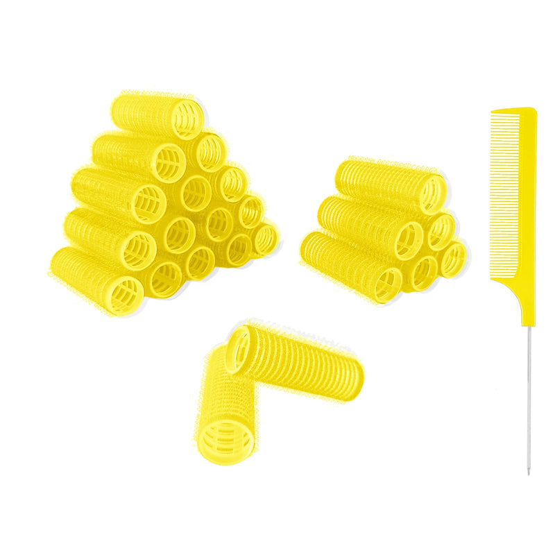 24PCS Self Grip Heatless Rollers Set - Pro Salon Hairdressing Tools for DIY Curly Hairstyles on Medium and Short Hair (0.8in, Yellow), with Rat Tail Comb