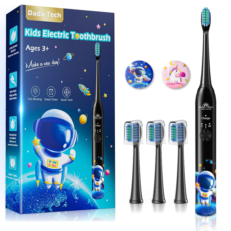 [Australia] - DADA-TECH Kids Electric Toothbrush Rechargeable, Soft Tooth Brush with Timer Powered by Sonic Technology for Children Boys and Girls Age 3+, Waterproof and 3 Modes (Astronaut Black) Astronaut (Black) 