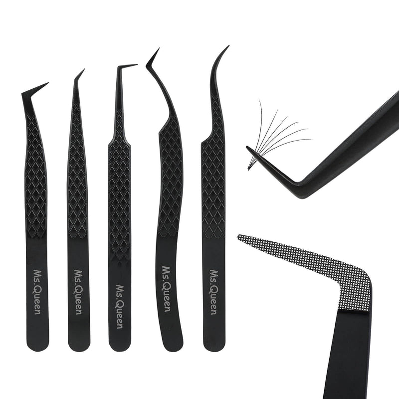 Ms.Queen Lash Tweezers for Eyelash Extensions,Set of 5,Fiber Tip Curved 45 90 Degree and L-Shape Boot Lash Tweezers for Mega Volume & Classic Lashes,Black 5Pcs Tweezers Set