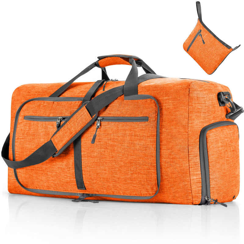 Vomgomfom 65L/85L/115L Foldable Travel Duffle Bag with Shoe Compartment | Tear-Resistant 600D Polyester, Only 1.06 lb, Folds Into Compact Pouch, 5 Zip Pockets, Trolley Sleeve, Gym & Weekend Ready L Orange 115L