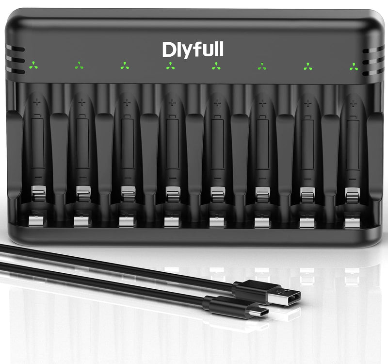 [Australia] - Dlyfull 8 Bay AA AAA Battery Charger with USB-C High-Speed Charging, Independent Slot for 1.2V Ni-MH Ni-CD Rechargeable Batteries, Cable Included 