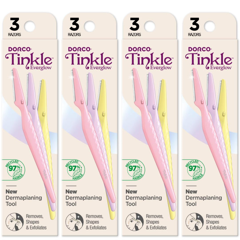 [Australia] - Tinkle Everglow Dermaplane Razor (12 ct - 4 packs of 3ct), Eyebrow Razor & Face Razors for Women, Peach Fuzz Remover, Dermaplaning Tool, Stainless Steel Blades 
