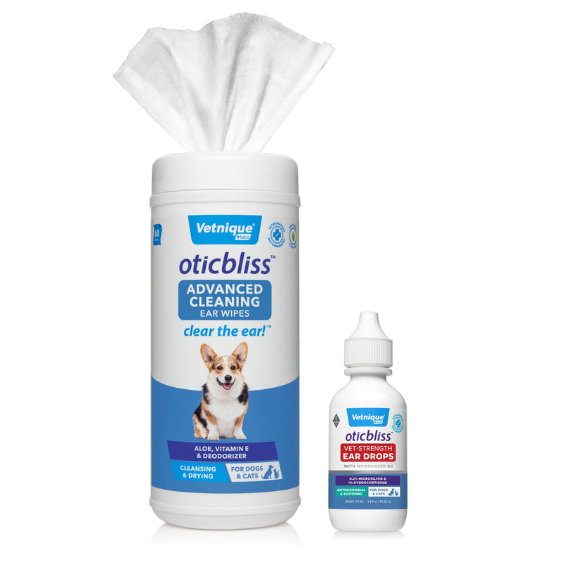 Oticbliss Vet-Strength Ear Drops with MicroSilver™ BG and Oticbliss Advanced Cleaning Wipes XL (60 Ct) Bundle, Advanced Ear Conditions Clinical Strength Ear Drops for Dogs Plus Dog Ear Cleaning Wipes - PawsPlanet Australia