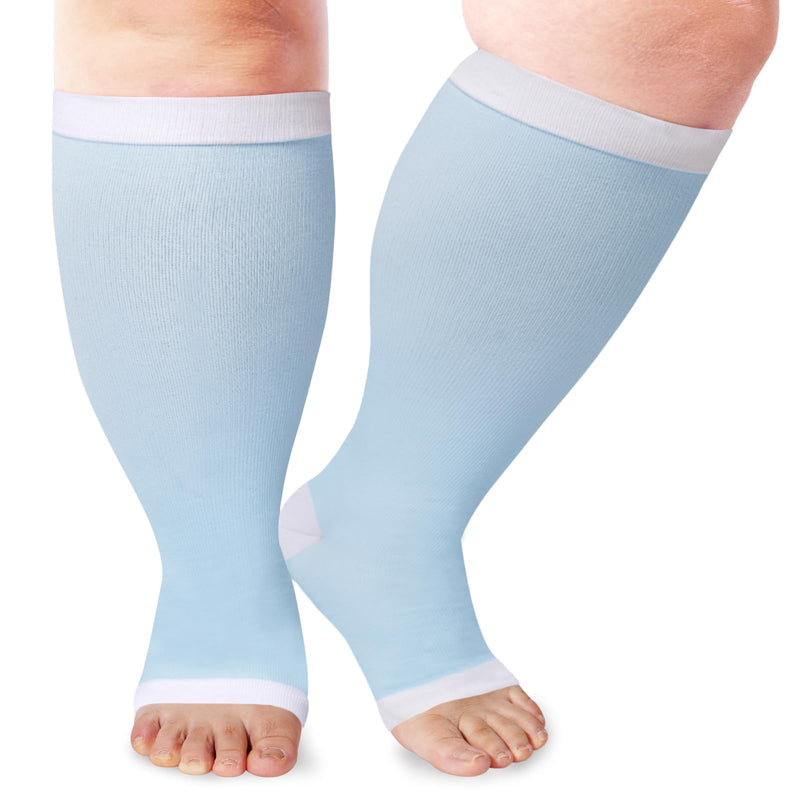 [Australia] - Open Toe Plus Size Compression Socks for Women & Men 15-20 mmhg Toeless Wide Calf Compression Support Knee High Socks Baby Blue 3X-Large-4X-Large 