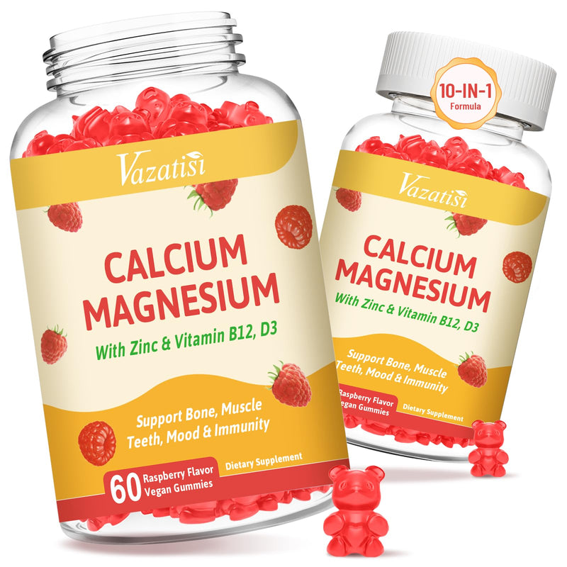 2 Pack Calcium Gummies with Magnesium, Zinc, Vitamin D3 & B12, Calcium Supplements for Women Men, Support Bone, Muscle and Immunity, 120 Vegan Raspberry Flavor Gummies 60 Count (Pack of 2)