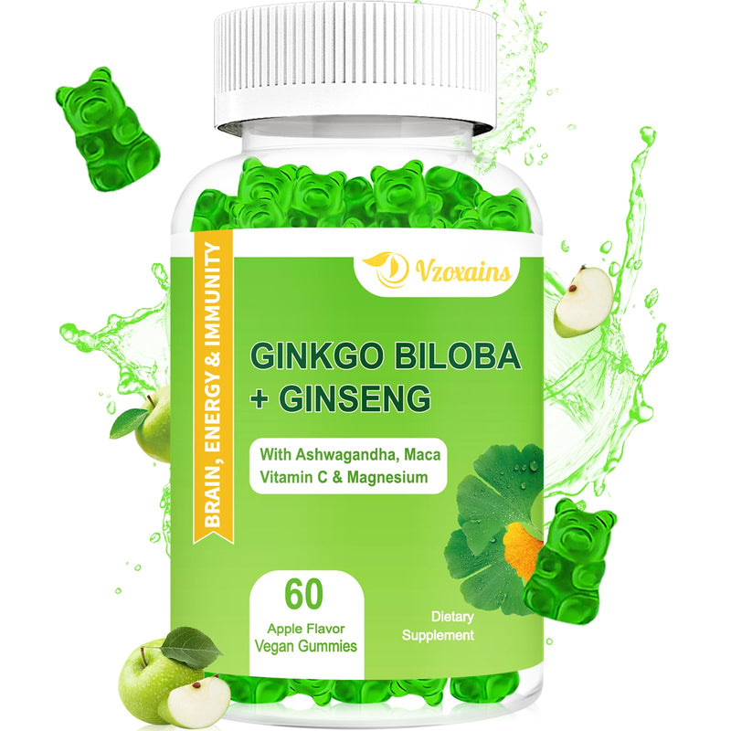 [Australia] - Ginkgo Biloba Gummies with Ginseng Maca Root & Magnesium Organic Ginko Biloba Supplements Gummies for Brain Focus Energy Mood Memory - Adults & Kids… 60 Count (Pack of 1) 