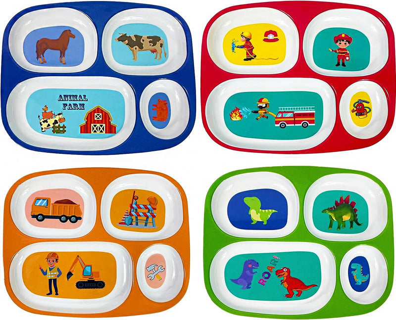 [Australia] - 4E's Novelty 4 Melamine Dinner Plate for Kids Boys, Plastic Mealtime Divided Plates, Dinnerware Dishes Set For Picky Eaters, BPA Free, Construction, Dinosaur, Firefighter, Farm Animal Boys Theme 