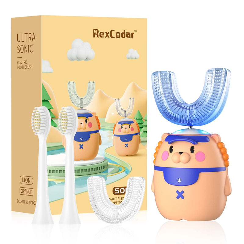 RexCodar Kids Electric Toothbrushes, U Shaped Ultrasonic Toothbrush, Rechargeable Full Mouth Kids Toothbrush with 4 Brush Heads, IPX7 Waterproof, Five Smart Modes, 60S Smart Reminder(Ages 2-6) Brown 2-6 Age