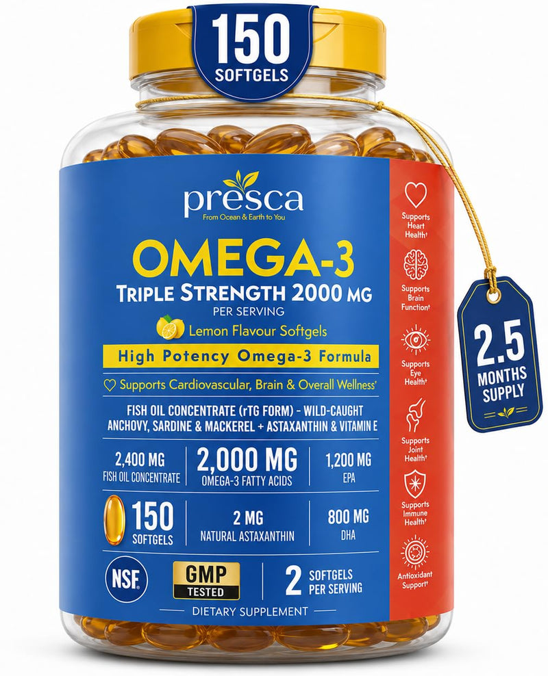 Triple Strength Omega 3 Fish Oil 2400mg w/Astaxanthin 150 Softgels | rTG form 1200mg EPA + 800mg DHA | Vitamin E — Lemon flavor Wild‑caught, Burpless | Supports heart brain & joints | 75 serving