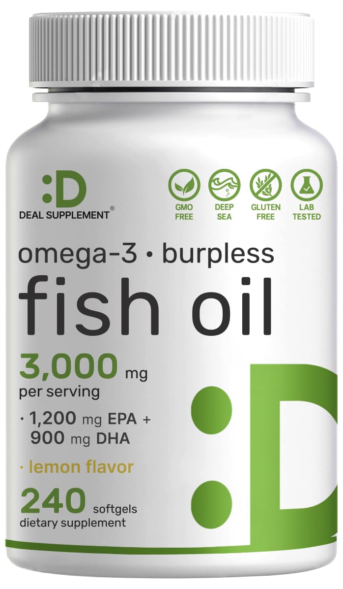 [Australia] - DEAL SUPPLEMENT Omega 3 Fish Oil Supplements, 3,000mg Per Serving, 240 Softgels – EPA 1,200mg + DHA 900mg – Burpless Pills, Lemon Flavored, Wild Caught – Brain & Heart Support – Mercury Free, Non-GMO 