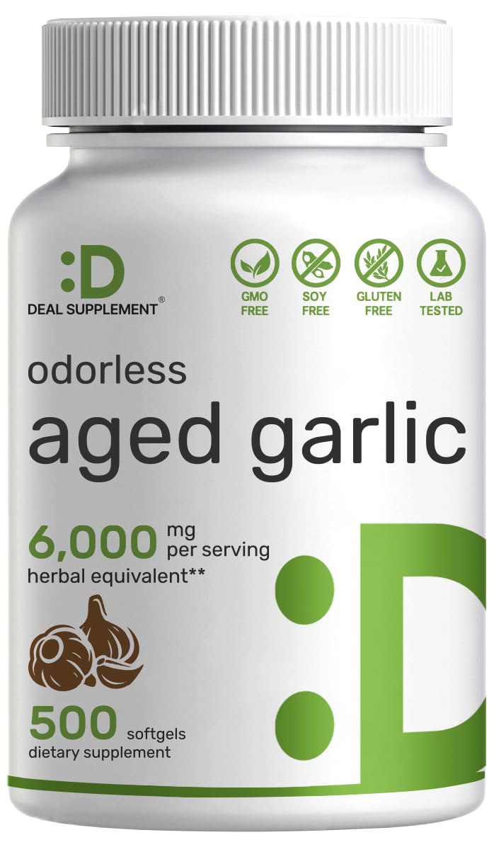 [Australia] - DEAL SUPPLEMENT Odorless Aged Garlic Pills, 6,000mg Per Serving, 500 Softgels – 24:1 Garlic Oil Extract – Fresh Allium Sativum Bulb Source – Heart & Immune Antioxidant Supplements – Non-GMO 