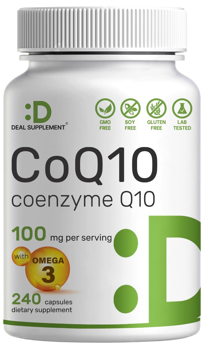 [Australia] - CoQ10 100mg, 240 Capsules – with Omega 3 Fatty Acid 100mg – Bioavailable Coenzyme Q10 Supplements – Heart, Energy, & Brain Health Antioxidant Support – Non-GMO, One A Day 240 Count (Pack of 1) 